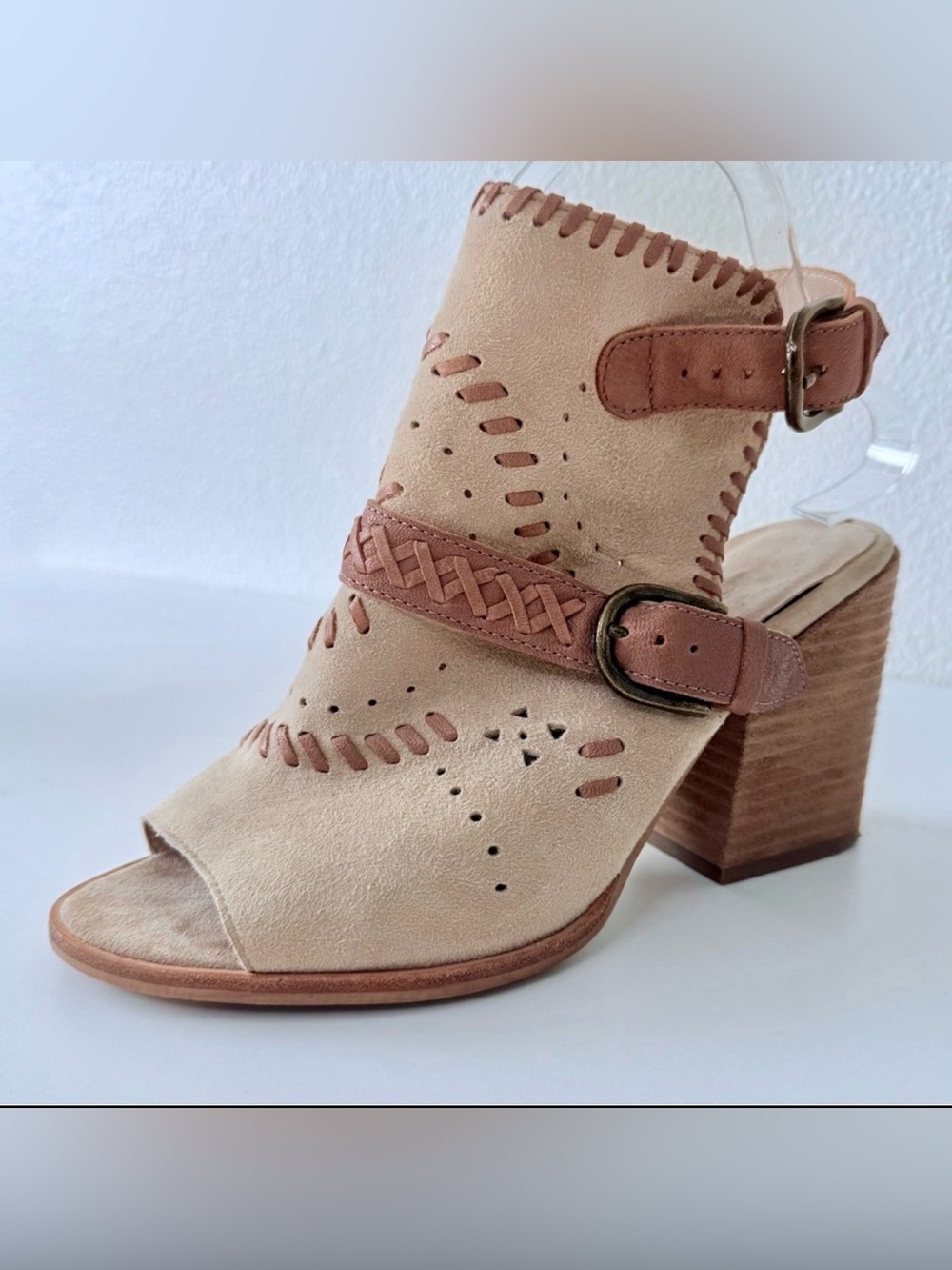 GeèWAWA from Anthropologie-Bangle Artisan Suede Peep Toe Boho Taupe Block Heel 7